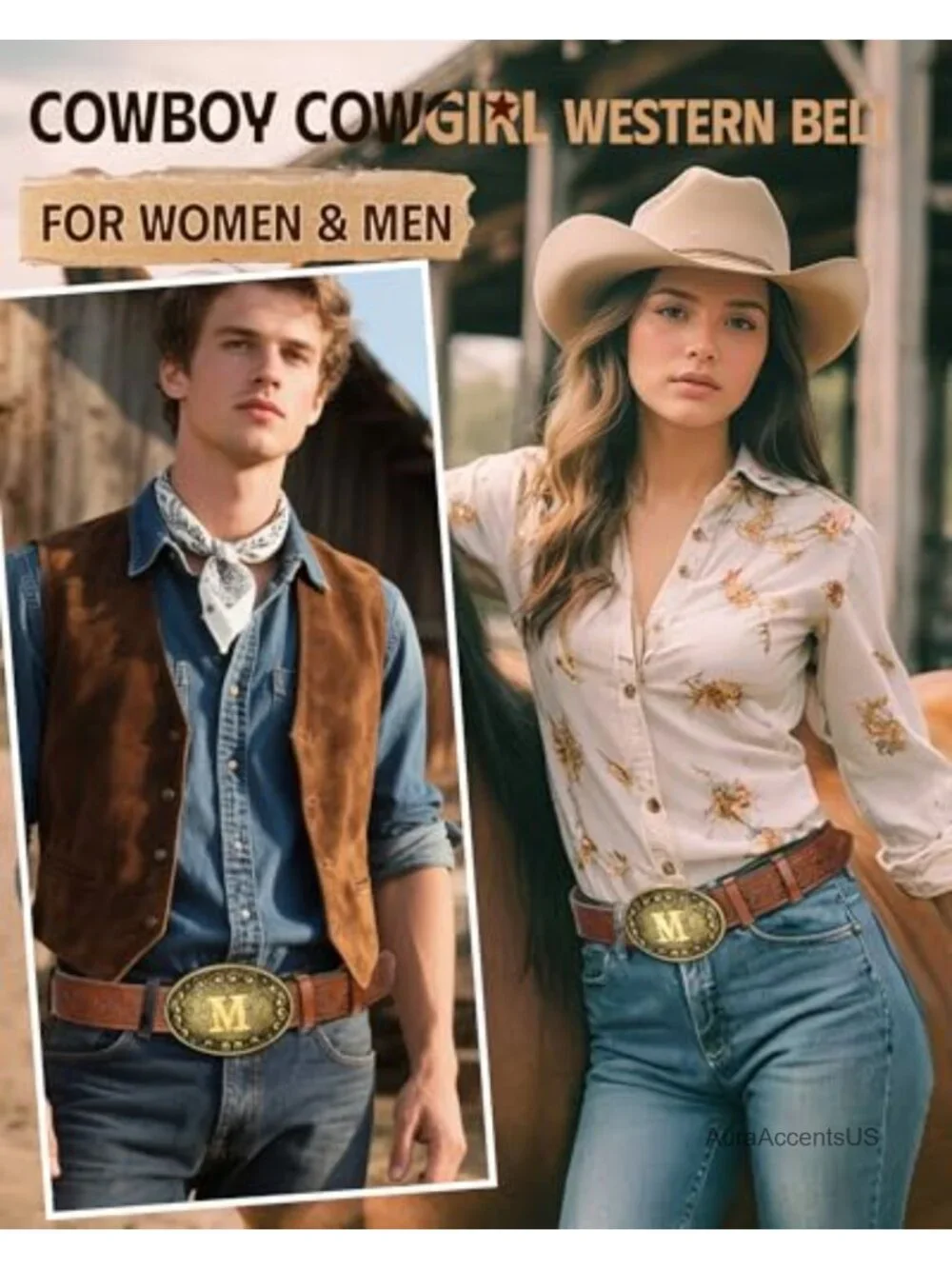 Western Cowgirl Belt with Initial Buckle PU Leather